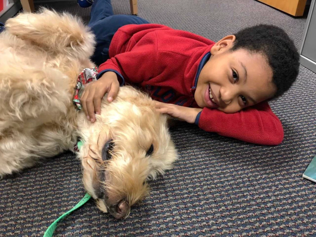 Child on the ground petting dog